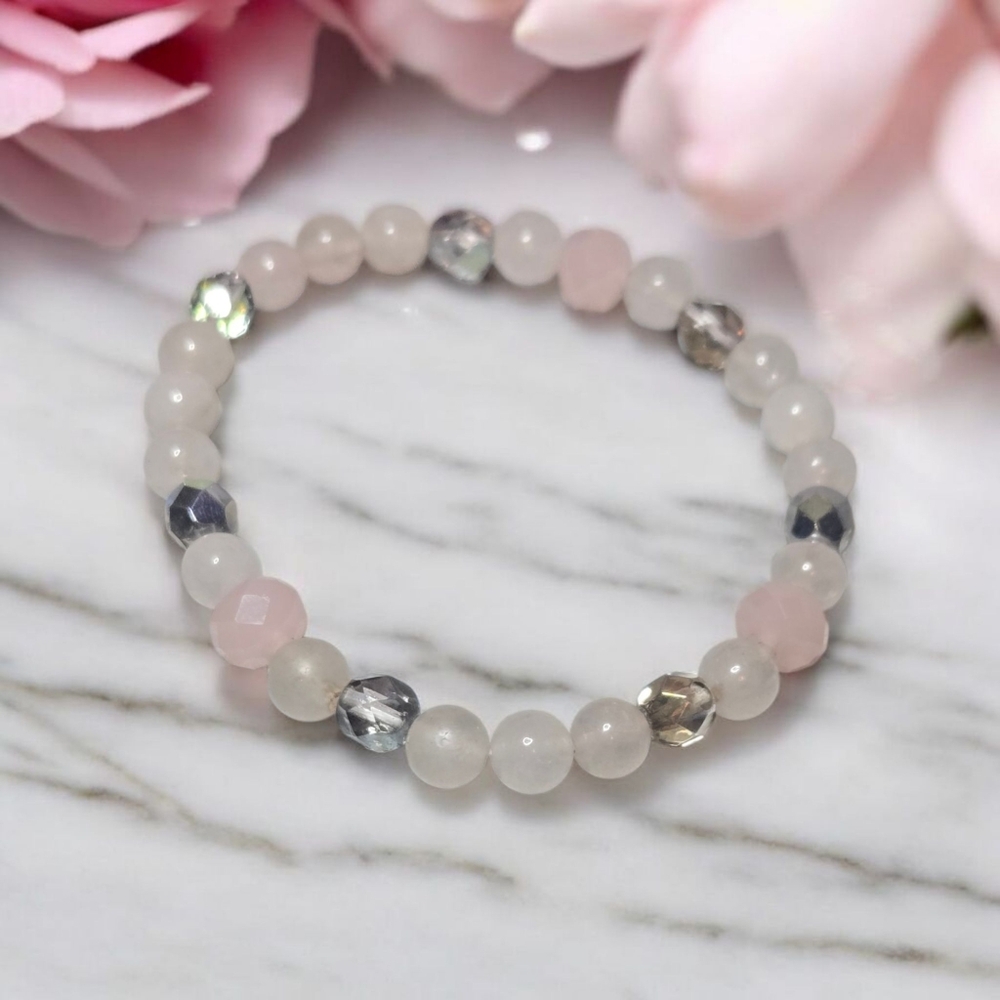 Rose Quartz Pink and Silver Beaded Bracelet